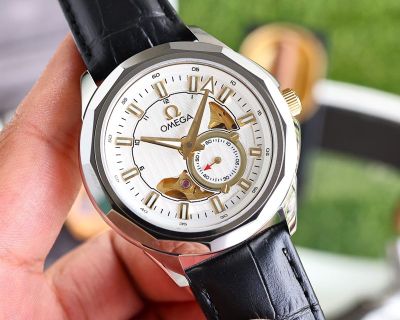 Omega 316L Steel Genuine Cowhide Leather Strap 41MM Men Replica Watch